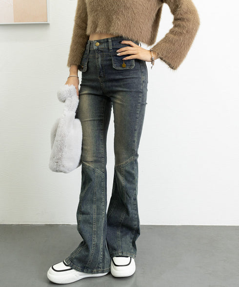 レトロ セミフレアデニムパンツレディース ジーパン ヴィンテージパンツ 美脚 脚長シーズン ブーツカットデニム カジュアル 着やせ ロングパンツ ストレッチパンツ 21KUZI-017