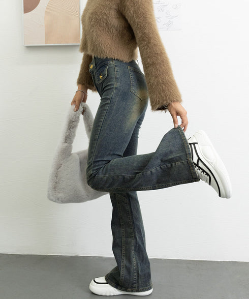 レトロ セミフレアデニムパンツレディース ジーパン ヴィンテージパンツ 美脚 脚長シーズン ブーツカットデニム カジュアル 着やせ ロングパンツ ストレッチパンツ 21KUZI-017