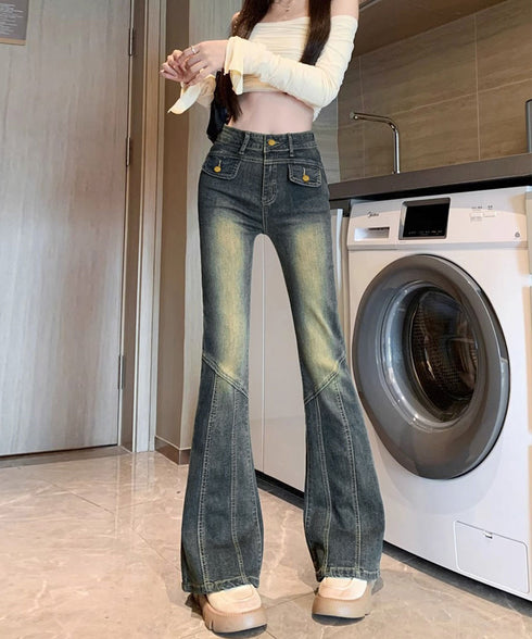 レトロ セミフレアデニムパンツレディース ジーパン ヴィンテージパンツ 美脚 脚長シーズン ブーツカットデニム カジュアル 着やせ ロングパンツ ストレッチパンツ 21KUZI-017