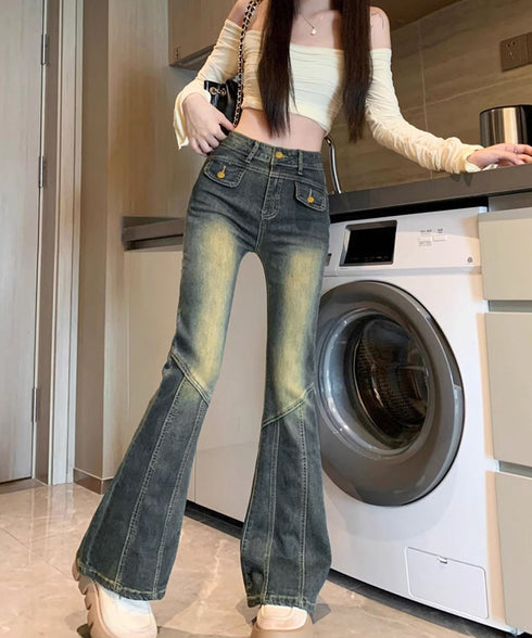 レトロ セミフレアデニムパンツレディース ジーパン ヴィンテージパンツ 美脚 脚長シーズン ブーツカットデニム カジュアル 着やせ ロングパンツ ストレッチパンツ 21KUZI-017