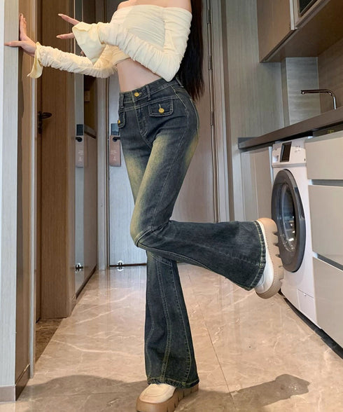 レトロ セミフレアデニムパンツレディース ジーパン ヴィンテージパンツ 美脚 脚長シーズン ブーツカットデニム カジュアル 着やせ ロングパンツ ストレッチパンツ 21KUZI-017