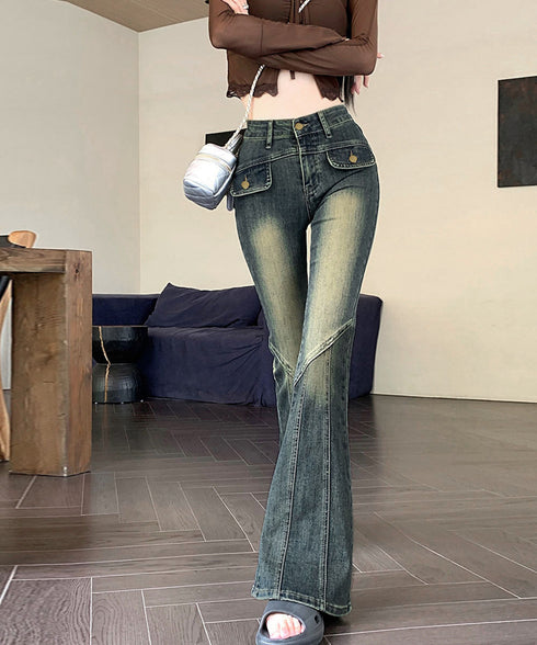 レトロ セミフレアデニムパンツレディース ジーパン ヴィンテージパンツ 美脚 脚長シーズン ブーツカットデニム カジュアル 着やせ ロングパンツ ストレッチパンツ 21KUZI-017