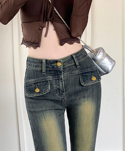 レトロ セミフレアデニムパンツレディース ジーパン ヴィンテージパンツ 美脚 脚長シーズン ブーツカットデニム カジュアル 着やせ ロングパンツ ストレッチパンツ 21KUZI-017