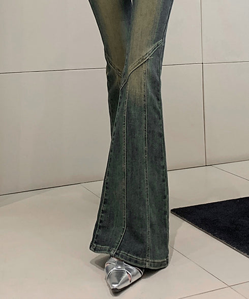 レトロ セミフレアデニムパンツレディース ジーパン ヴィンテージパンツ 美脚 脚長シーズン ブーツカットデニム カジュアル 着やせ ロングパンツ ストレッチパンツ 21KUZI-017