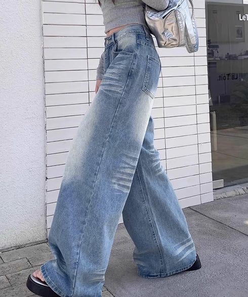 ウォッシュ加工デニムパンツ ワイドデニム ジーンズ ゆったりシルエット ウォッシュデニム 美脚脚長ワイドパンツフルレングスジーパン 韓国ファッション着やせボトムス 21KUZI-019