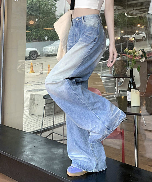 ウォッシュ加工デニムパンツ ワイドデニム ジーンズ ゆったりシルエット ウォッシュデニム 美脚脚長ワイドパンツフルレングスジーパン 韓国ファッション着やせボトムス 21KUZI-019
