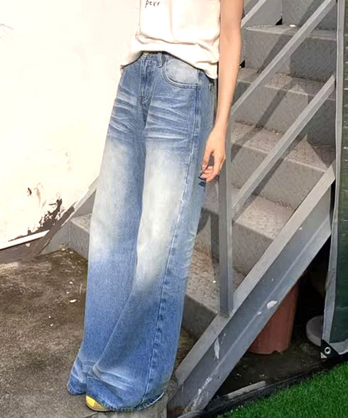 ウォッシュ加工デニムパンツ ワイドデニム ジーンズ ゆったりシルエット ウォッシュデニム 美脚脚長ワイドパンツフルレングスジーパン 韓国ファッション着やせボトムス 21KUZI-019