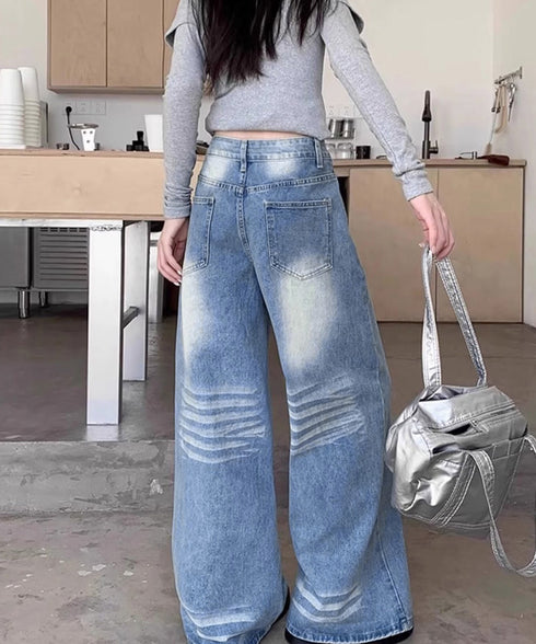 ウォッシュ加工デニムパンツ ワイドデニム ジーンズ ゆったりシルエット ウォッシュデニム 美脚脚長ワイドパンツフルレングスジーパン 韓国ファッション着やせボトムス 21KUZI-019
