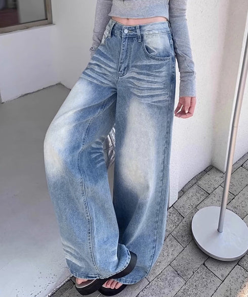 ウォッシュ加工デニムパンツ ワイドデニム ジーンズ ゆったりシルエット ウォッシュデニム 美脚脚長ワイドパンツフルレングスジーパン 韓国ファッション着やせボトムス 21KUZI-019