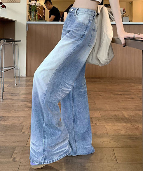 ウォッシュ加工デニムパンツ ワイドデニム ジーンズ ゆったりシルエット ウォッシュデニム 美脚脚長ワイドパンツフルレングスジーパン 韓国ファッション着やせボトムス 21KUZI-019