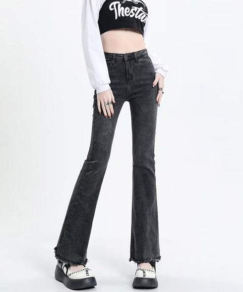 セミフレアデニムパンツ美脚フリンジパンツ 脚長パンツ ハイウエストブーツカットパンツ ジーンズジーパン ストレッチデニム タイトスリムパンツ ヴィンテージ風パンツ 21KUZI-020