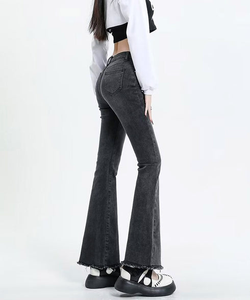 セミフレアデニムパンツ美脚フリンジパンツ 脚長パンツ ハイウエストブーツカットパンツ ジーンズジーパン ストレッチデニム タイトスリムパンツ ヴィンテージ風パンツ 21KUZI-020