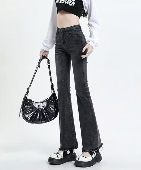 セミフレアデニムパンツ美脚フリンジパンツ 脚長パンツ ハイウエストブーツカットパンツ ジーンズジーパン ストレッチデニム タイトスリムパンツ ヴィンテージ風パンツ 21KUZI-020