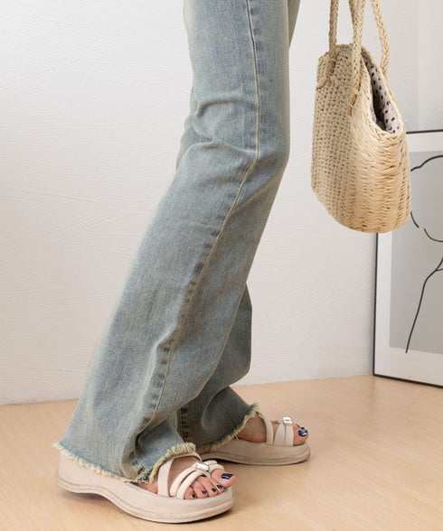 セミフレアデニムパンツ美脚フリンジパンツ 脚長パンツ ハイウエストブーツカットパンツ ジーンズジーパン ストレッチデニム タイトスリムパンツ ヴィンテージ風パンツ 21KUZI-020