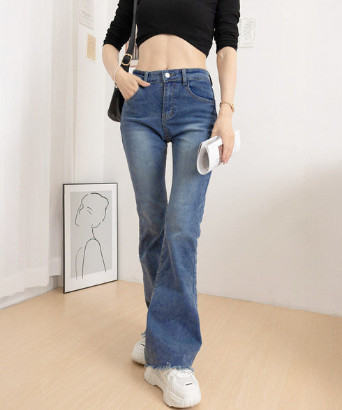 セミフレアデニムパンツ美脚フリンジパンツ 脚長パンツ ハイウエストブーツカットパンツ ジーンズジーパン ストレッチデニム タイトスリムパンツ ヴィンテージ風パンツ 21KUZI-020