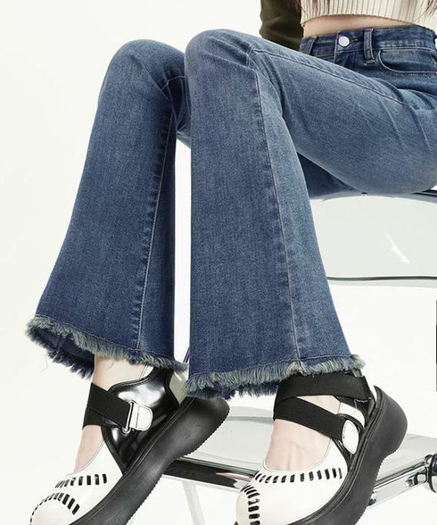 セミフレアデニムパンツ美脚フリンジパンツ 脚長パンツ ハイウエストブーツカットパンツ ジーンズジーパン ストレッチデニム タイトスリムパンツ ヴィンテージ風パンツ 21KUZI-020