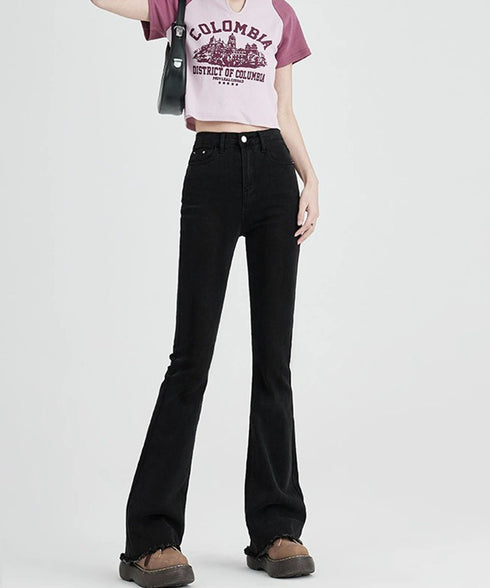 セミフレアデニムパンツ美脚フリンジパンツ 脚長パンツ ハイウエストブーツカットパンツ ジーンズジーパン ストレッチデニム タイトスリムパンツ ヴィンテージ風パンツ 21KUZI-020