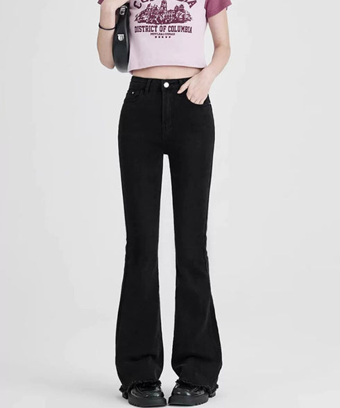 セミフレアデニムパンツ美脚フリンジパンツ 脚長パンツ ハイウエストブーツカットパンツ ジーンズジーパン ストレッチデニム タイトスリムパンツ ヴィンテージ風パンツ 21KUZI-020