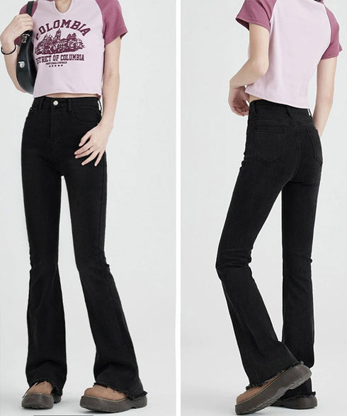 セミフレアデニムパンツ美脚フリンジパンツ 脚長パンツ ハイウエストブーツカットパンツ ジーンズジーパン ストレッチデニム タイトスリムパンツ ヴィンテージ風パンツ 21KUZI-020