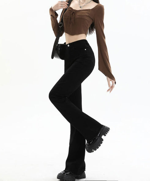 セミフレアデニムパンツ美脚フリンジパンツ 脚長パンツ ハイウエストブーツカットパンツ ジーンズジーパン ストレッチデニム タイトスリムパンツ ヴィンテージ風パンツ 21KUZI-020