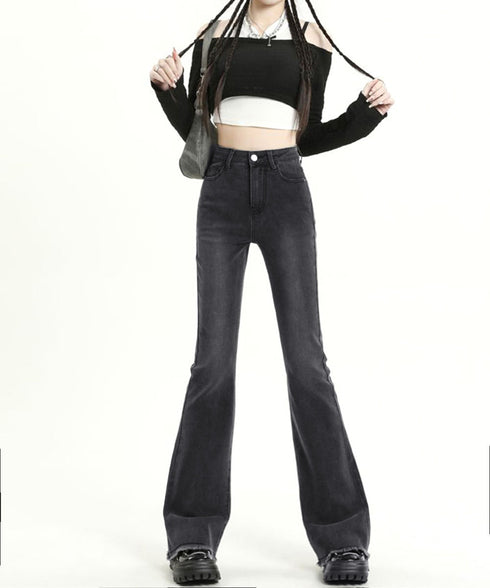 セミフレアデニムパンツ美脚フリンジパンツ 脚長パンツ ハイウエストブーツカットパンツ ジーンズジーパン ストレッチデニム タイトスリムパンツ ヴィンテージ風パンツ 21KUZI-020