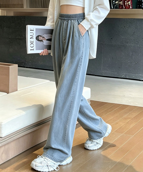 美脚デニム風ワイドパンツタック入りパンツ パンツ夏新作 脚長 軽量パンツさらさら素材 ウエストゴム 涼しいボトムス 通気性イージーパンツ デニム調長ズボン 柔らか 21KUZI-021