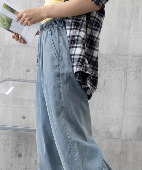 美脚デニム風ワイドパンツタック入りパンツ パンツ夏新作 脚長 軽量パンツさらさら素材 ウエストゴム 涼しいボトムス 通気性イージーパンツ デニム調長ズボン 柔らか 21KUZI-021