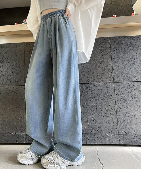 美脚デニム風ワイドパンツタック入りパンツ パンツ夏新作 脚長 軽量パンツさらさら素材 ウエストゴム 涼しいボトムス 通気性イージーパンツ デニム調長ズボン 柔らか 21KUZI-021