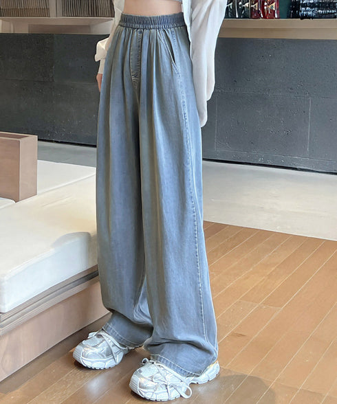 美脚デニム風ワイドパンツタック入りパンツ パンツ夏新作 脚長 軽量パンツさらさら素材 ウエストゴム 涼しいボトムス 通気性イージーパンツ デニム調長ズボン 柔らか 21KUZI-021