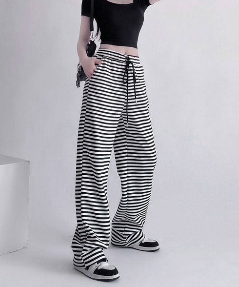 リラックスボーダーパンツウエスト紐韓国風 ウエストゴムパンツ イージーパンツ ストレッチストレートパンツ カジュアルパンツ シンプルセミワイドパンツ ロングパンツ 21KUZI-023