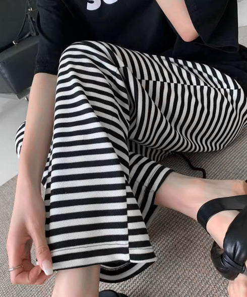 リラックスボーダーパンツウエスト紐韓国風 ウエストゴムパンツ イージーパンツ ストレッチストレートパンツ カジュアルパンツ シンプルセミワイドパンツ ロングパンツ 21KUZI-023