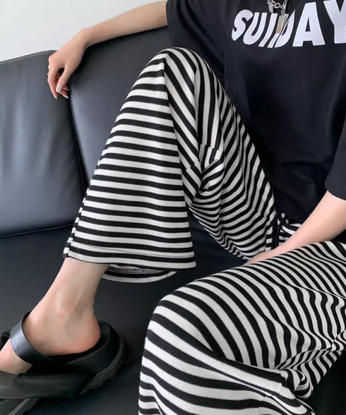 リラックスボーダーパンツウエスト紐韓国風 ウエストゴムパンツ イージーパンツ ストレッチストレートパンツ カジュアルパンツ シンプルセミワイドパンツ ロングパンツ 21KUZI-023