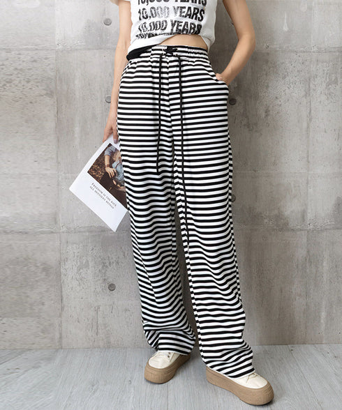 リラックスボーダーパンツウエスト紐韓国風 ウエストゴムパンツ イージーパンツ ストレッチストレートパンツ カジュアルパンツ シンプルセミワイドパンツ ロングパンツ 21KUZI-023