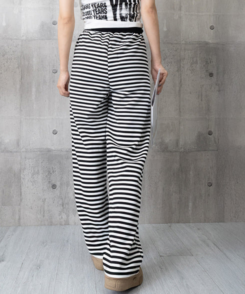 リラックスボーダーパンツウエスト紐韓国風 ウエストゴムパンツ イージーパンツ ストレッチストレートパンツ カジュアルパンツ シンプルセミワイドパンツ ロングパンツ 21KUZI-023