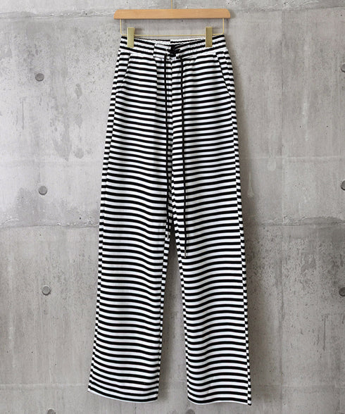 リラックスボーダーパンツウエスト紐韓国風 ウエストゴムパンツ イージーパンツ ストレッチストレートパンツ カジュアルパンツ シンプルセミワイドパンツ ロングパンツ 21KUZI-023