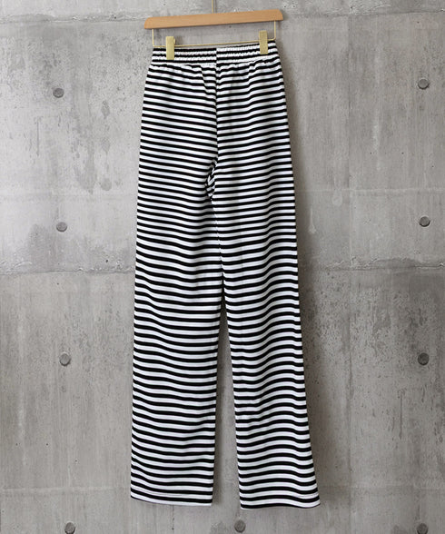 リラックスボーダーパンツウエスト紐韓国風 ウエストゴムパンツ イージーパンツ ストレッチストレートパンツ カジュアルパンツ シンプルセミワイドパンツ ロングパンツ 21KUZI-023