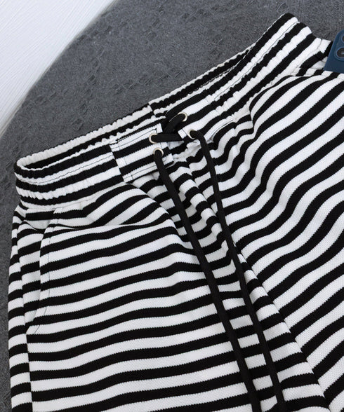 リラックスボーダーパンツウエスト紐韓国風 ウエストゴムパンツ イージーパンツ ストレッチストレートパンツ カジュアルパンツ シンプルセミワイドパンツ ロングパンツ 21KUZI-023