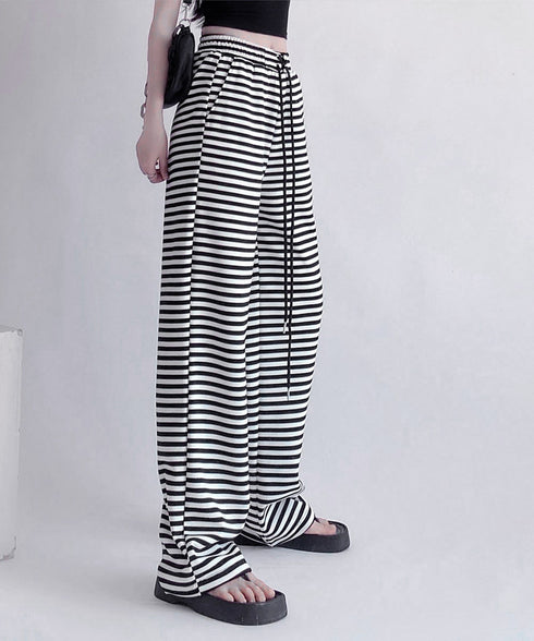 リラックスボーダーパンツウエスト紐韓国風 ウエストゴムパンツ イージーパンツ ストレッチストレートパンツ カジュアルパンツ シンプルセミワイドパンツ ロングパンツ 21KUZI-023