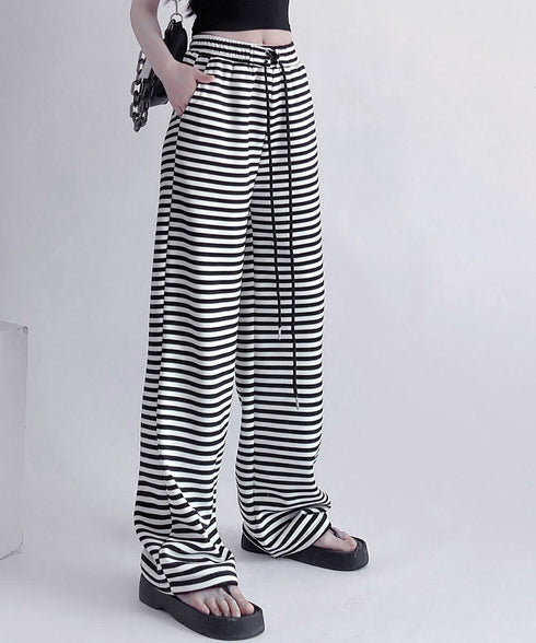 リラックスボーダーパンツウエスト紐韓国風 ウエストゴムパンツ イージーパンツ ストレッチストレートパンツ カジュアルパンツ シンプルセミワイドパンツ ロングパンツ 21KUZI-023