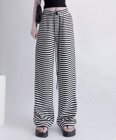 リラックスボーダーパンツウエスト紐韓国風 ウエストゴムパンツ イージーパンツ ストレッチストレートパンツ カジュアルパンツ シンプルセミワイドパンツ ロングパンツ 21KUZI-023