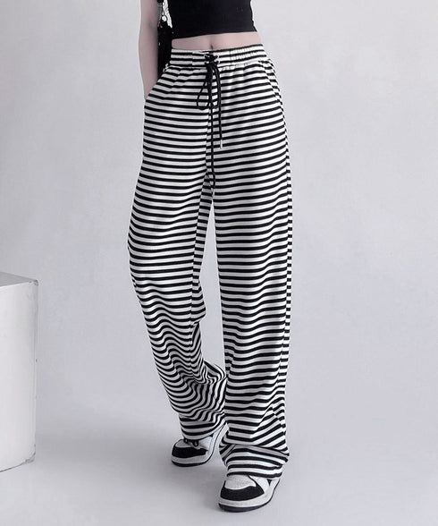 リラックスボーダーパンツウエスト紐韓国風 ウエストゴムパンツ イージーパンツ ストレッチストレートパンツ カジュアルパンツ シンプルセミワイドパンツ ロングパンツ 21KUZI-023