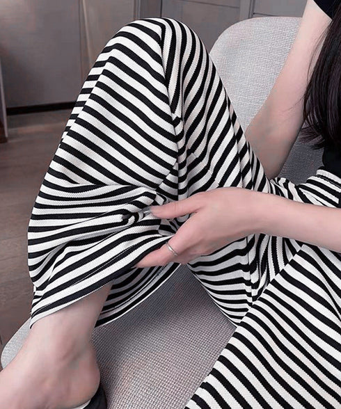 リラックスボーダーパンツウエスト紐韓国風 ウエストゴムパンツ イージーパンツ ストレッチストレートパンツ カジュアルパンツ シンプルセミワイドパンツ ロングパンツ 21KUZI-023