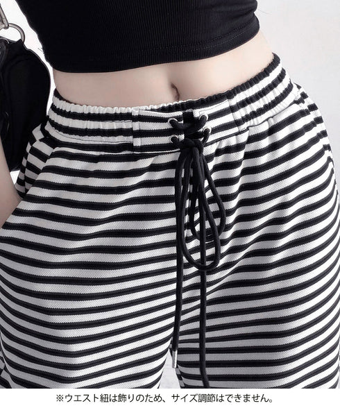 リラックスボーダーパンツウエスト紐韓国風 ウエストゴムパンツ イージーパンツ ストレッチストレートパンツ カジュアルパンツ シンプルセミワイドパンツ ロングパンツ 21KUZI-023