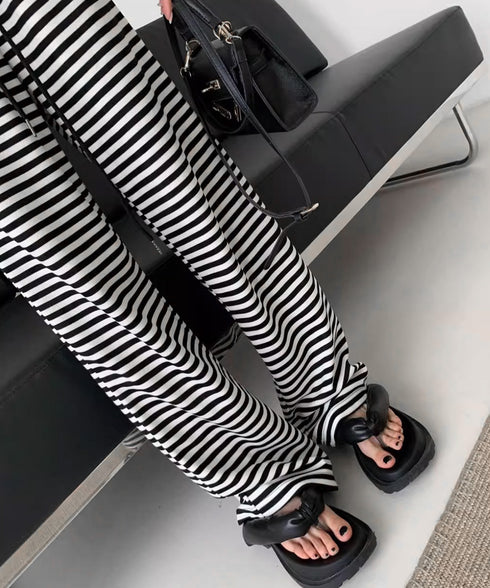 リラックスボーダーパンツウエスト紐韓国風 ウエストゴムパンツ イージーパンツ ストレッチストレートパンツ カジュアルパンツ シンプルセミワイドパンツ ロングパンツ 21KUZI-023