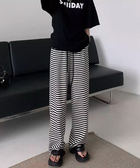 リラックスボーダーパンツウエスト紐韓国風 ウエストゴムパンツ イージーパンツ ストレッチストレートパンツ カジュアルパンツ シンプルセミワイドパンツ ロングパンツ 21KUZI-023