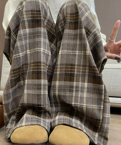 チェック柄パンツハイウエストワイドパンツ 裏起毛チェックパンツ イージーパンツ 暖かリラックスパンツ 体型カバー長ズボン ルーズシルエット カジュアルパンツ韓国風 21KUZI-024