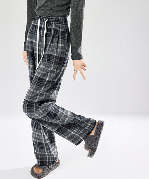 チェック柄パンツハイウエストワイドパンツ チェックパンツ イージーパンツ リラックスパンツ 体型カバー長ズボン ルーズシルエットカジュアルパンツ 韓国ファッション 21KUZI-024