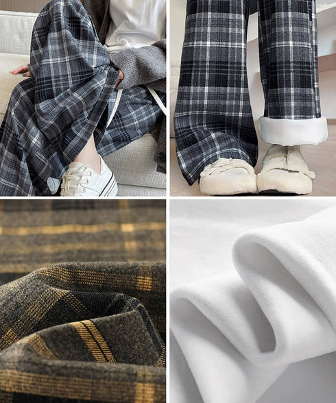 チェック柄パンツハイウエストワイドパンツ 裏起毛チェックパンツ イージーパンツ 暖かリラックスパンツ 体型カバー長ズボン ルーズシルエット カジュアルパンツ韓国風 21KUZI-024