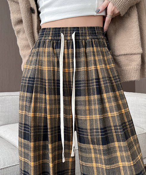 チェック柄パンツハイウエストワイドパンツ チェックパンツ イージーパンツ リラックスパンツ 体型カバー長ズボン ルーズシルエットカジュアルパンツ 韓国ファッション 21KUZI-024