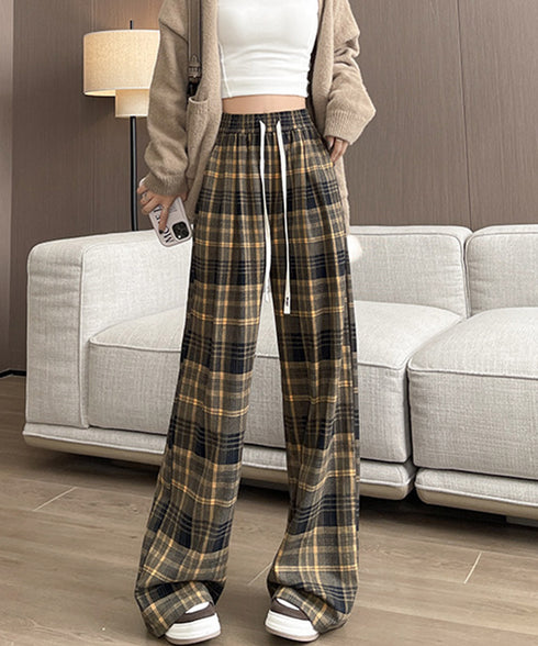 チェック柄パンツハイウエストワイドパンツ チェックパンツ イージーパンツ リラックスパンツ 体型カバー長ズボン ルーズシルエットカジュアルパンツ 韓国ファッション 21KUZI-024